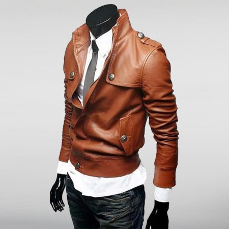 Slim Fit Tan Leather Bomber Jacket